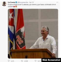 Tuit de Lis Cuesta en el que llama "dictador de mi corazón" a su esposo, el gobernante cubano Miguel Díaz-Canel.