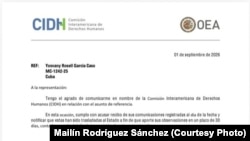 Carta de la CIDH entregada a Martí Noticias por Mailín Rodríguez Sánchez, esposa del preso político Yosvany Rosell García Caso.