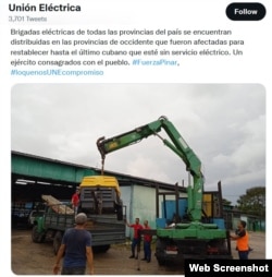 Tuit de la Unión Eléctrica de Cuba.