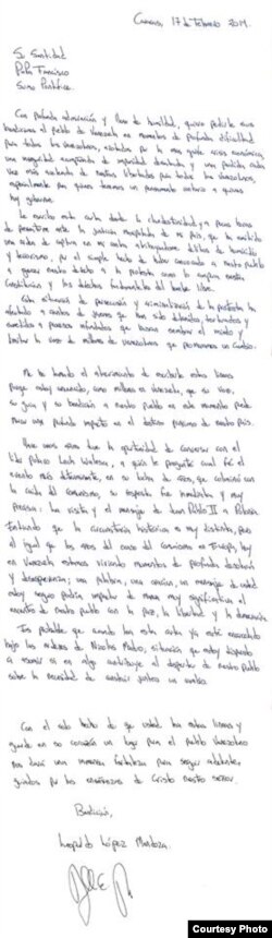 Carta de Leopoldo López al papa Francisco