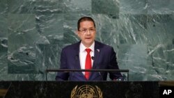 El canciller de Venezuela, Carlos Faría, habla en Naciones Unidas, el 24 de septiembre del 2022. (AP Fhoto/Jason DeCrow)