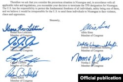 Firmas en carta de los congresistas al presidente Trump pidiendo la extensión de TPS para nicaragüenses