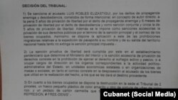 Sentencia del Tribunal Provincial de La Habana contra Luis Robles.