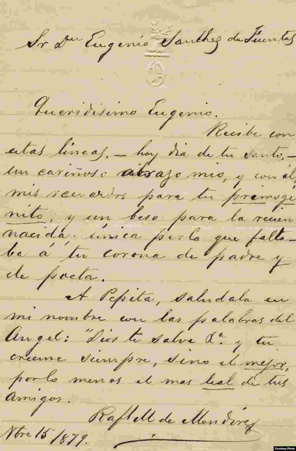 Carta de Rafael María de Mendive a Don Eugenio Sánchez de Fuentes. Cortesía de Orlando González Esteva.