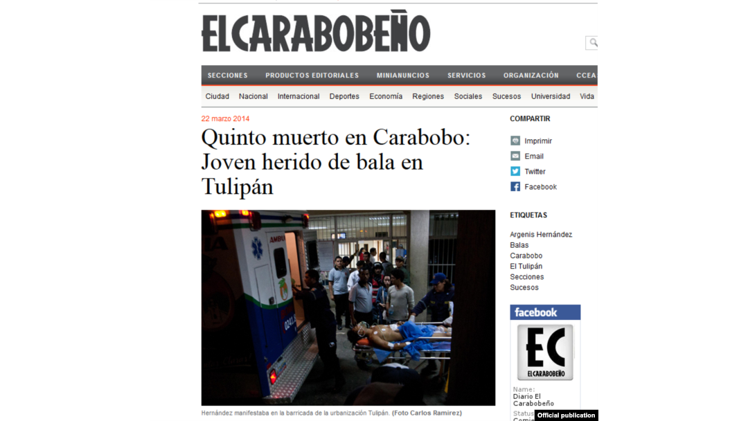 La noticia de la muerte de Argenis en "El Carabobeño".