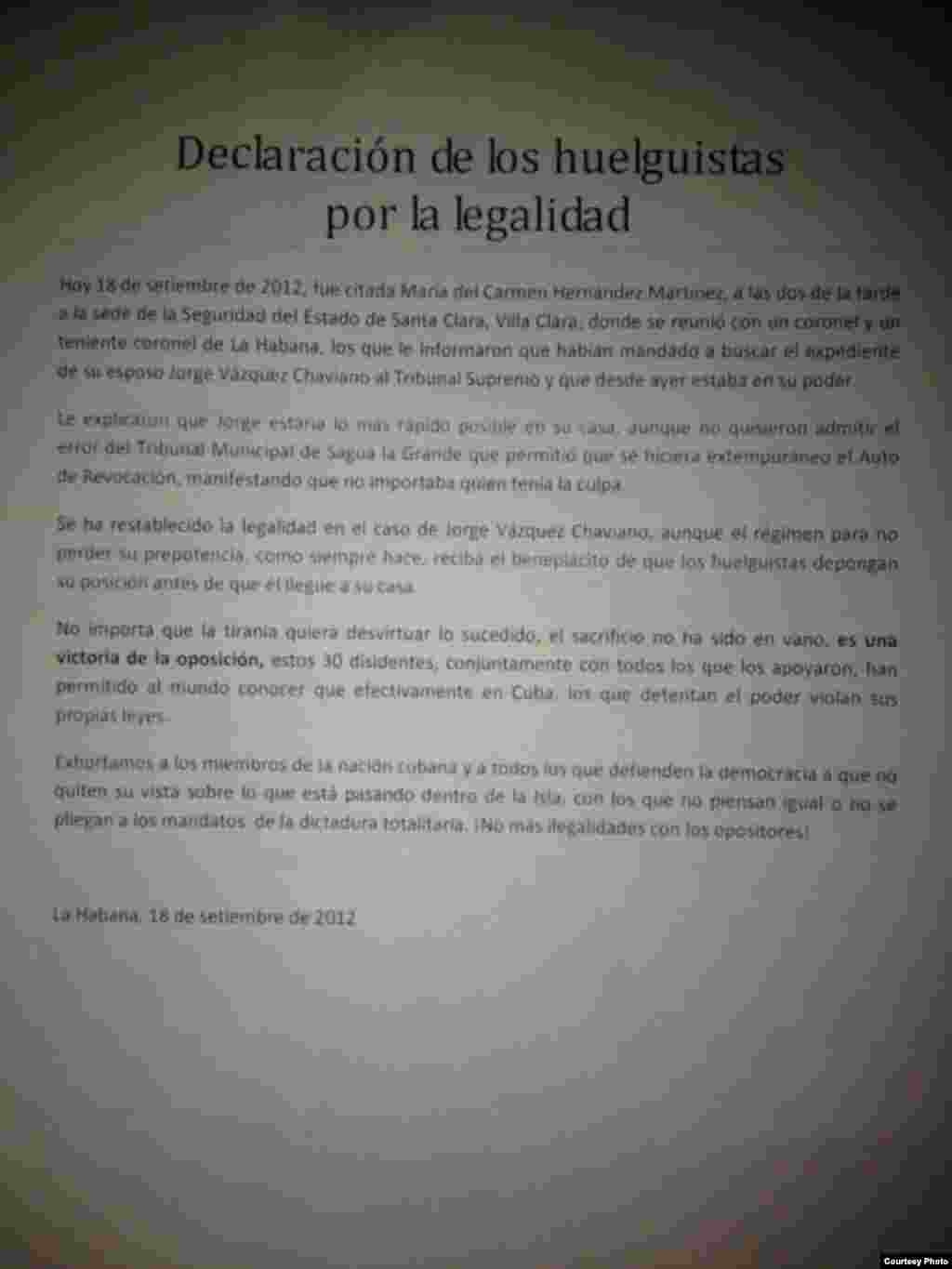 Declaración de los huelguistas por la Legalidad