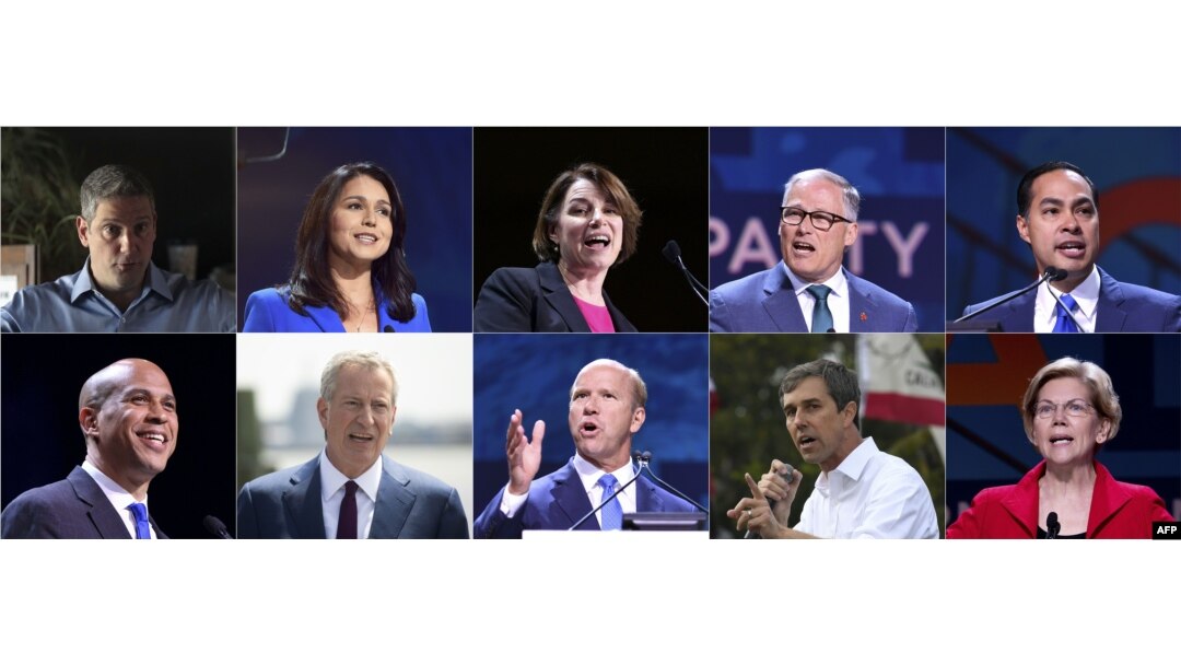 Candidatos demócratas Tim Ryan, Rep. Tulsi Gabbard, Sen. Amy Klobuchar, Gov.Jay Inslee, Julian Castro, Sen.Cory Booker, New York City Mayor Bill de Blasio, former Rep.John Delaney, Beto O'Rourke, y Sen. Elizabeth Warren.