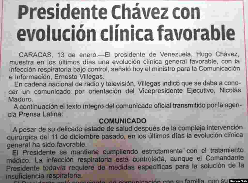 Primera plana del Granma el 14-1-13 informa sobre evolución favorable de Chávez. (foto del autor)