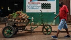 Un carretillero vende piñas y cebollinos en una calle de La Habana. (YAMIL LAGE / AFP)