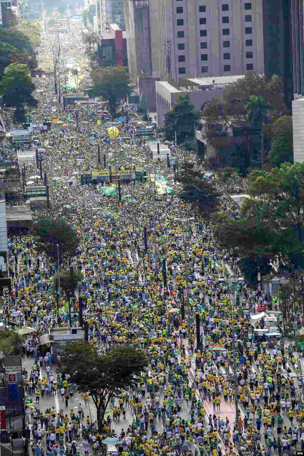 Manifestantes se concentran en la avenida Paulista para protestar contra el Gobierno de Dilma Rousseff hoy, domingo 16 de agosto de 2015, en la ciudad de Sao Paulo (Brasil). Miles de personas se concentraron en decenas de ciudades de Brasil para manifesta