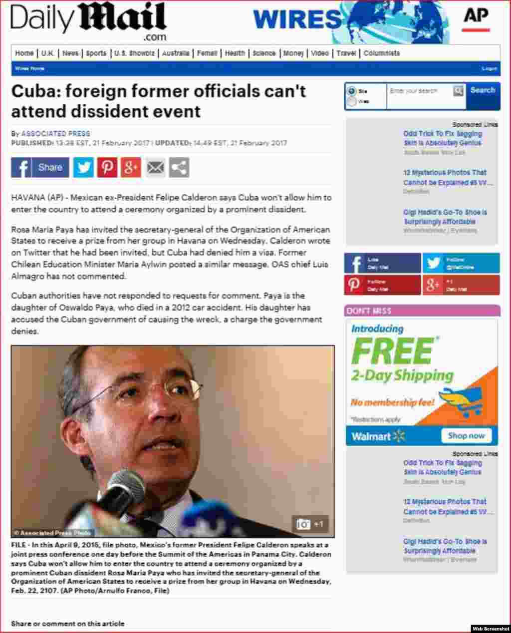 El Daily Mail publica un artículo sobre la negativa de entrada a Cuba al expresidente mexicano Felipe Calderón.