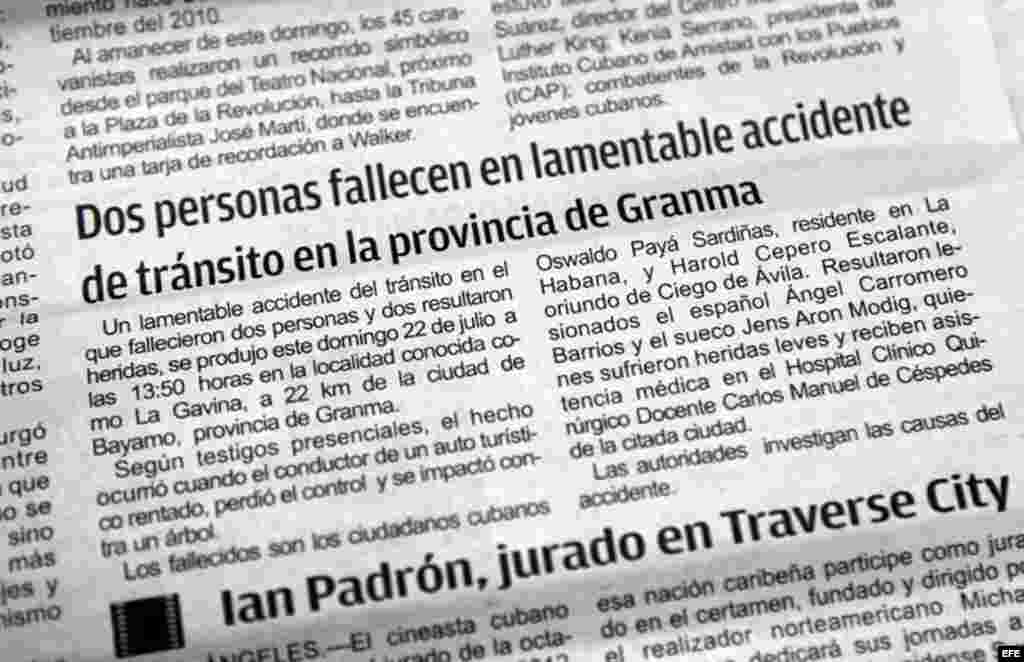 La versión oficial de la muerte de Payá fue publicada en una nota del periódico Granma.