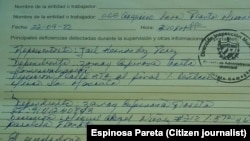 Planilla que describe la expulsión de Zamay Espinosa Pareta, el 22 de septiembre de 2022. Documento firmado por Joel Hernández Pérez.