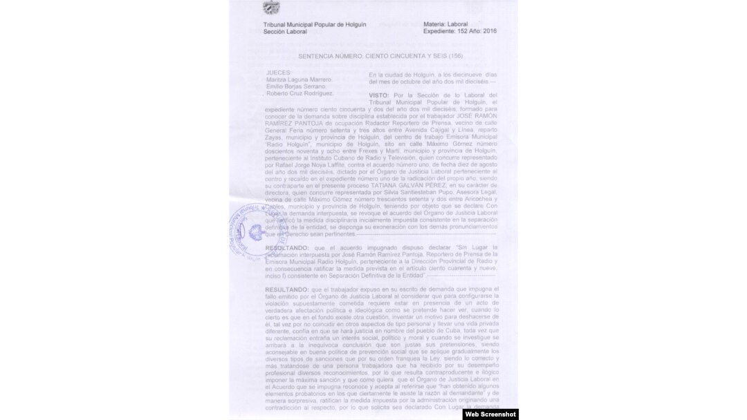 Sentencia del Tribunal Provincial de Holguín sobre el caso de José Ramírez Pantoja.