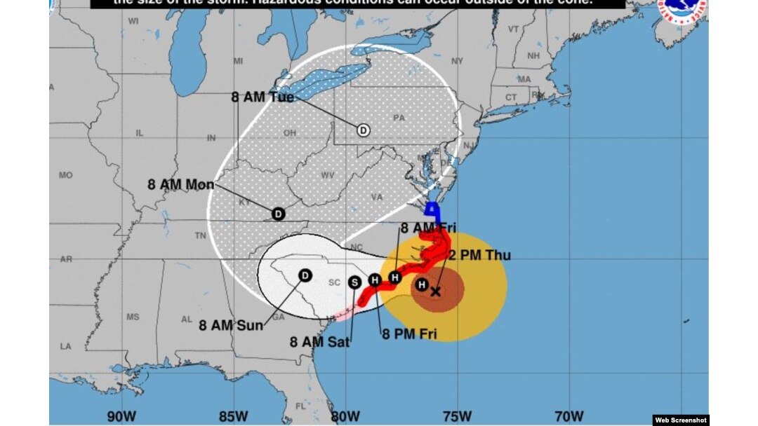 Trayectoria de Florence según pronóstico de las 2:00 pm del jueves. (NHC)