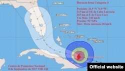 Cono de probabilidades del huracán Irma a las 9 am según el INSMET muestra acercamiento a costa norte cubana. El punto de entrada a la Florida ha estado variando hacia la costa oeste.