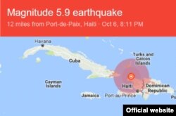 En este mapa del Servicio Geológico de Estados Unidos aparece gran parte de la provincia de Guantánamo en el área de impacto del terremoto que sacudió a Haití el sábado 06/10/2018.