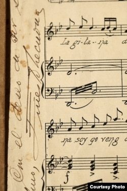 Detalle de una partitura manuscrita por el compositor cubano de raíces canarias Ernesto Lecuona, que forma parte de la exposición patrocinada por el Cabildo de Gran Canaria, el Consulado de Cuba en Las Palmas.