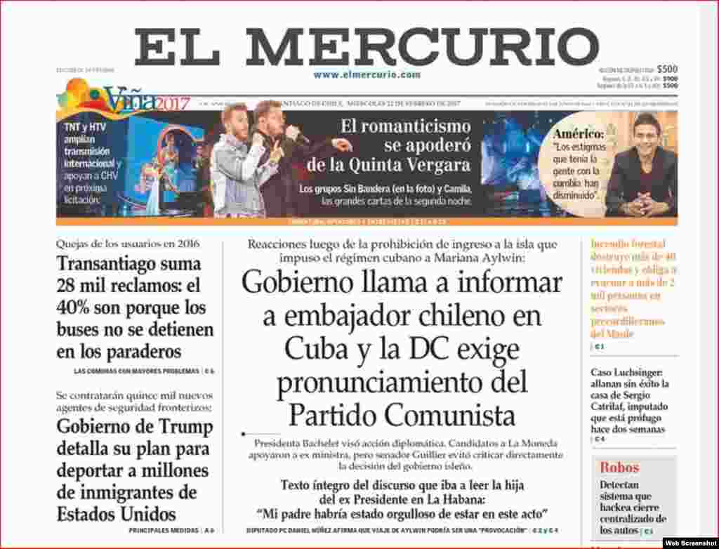 El Mercurio destaca en portada la reacción del gobierno chileno a la negativa de entrada a Cuba a la exministra Mariana Aylwin. 