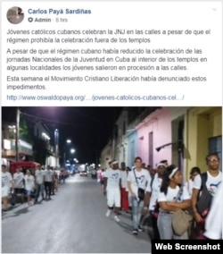 Jóvenes católicos caminan por las calles de Santa Clara, Villa Clara. (Fuente: Movimiento Cristiano Liberación).