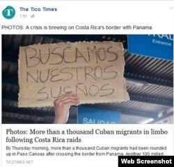 "Buscamos nuestros sueños", reza el cartel de un migrante cubano varado en la frontera de Costa Rica con Panamá. (Facebook/The Tico Times)
