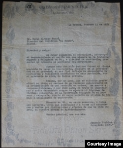 La carta de renuncia de Prohías a su sección de la caricatura editorial del diario El Mundo, presentada el 13 de febrero de 1959 (Cortesía/Colección Familia Prohías).