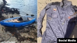 Combinación de fotos del kayak en el que arribó el balsero y del uniforme d epolicía hallado en la balsa calcinada. (@USBPChiefMIP y Manuel Zayas/Facebook)