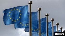 Banderas de la Unión Europea, en la sede de la organización continental, en Bruselas. 