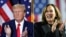 (COMBO) This combination of pictures created on November 4, 2024 shows former US President and 2024 presidential hopeful Donald Trump in Waterloo, Iowa, on December 19, 2023 and US Vice President and Democratic presidential candidate Kamala Harris in Phil