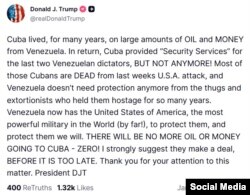 El mensaje del presidente Trump en Truth social.