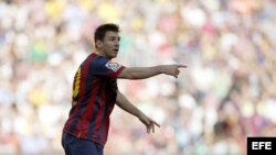 El delantero argentino del FC Barcelona Lionel Andrés Messi durante el partido correspondiente a la trigésimo sexta jornada de Liga que disputan frente al Getafe hoy en el estadio Camp Nou de Barcelona. 