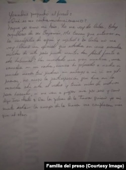 Documento escritor por Yoandris Gutiérrez Vargas, desde la prisión de Las Mangas, en Granma.