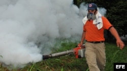 Una fotografía cedida por la Comisión Permanente de Contingencias (Copeco) de Honduras muestra a un hombre que fumiga para erradicar a los zancudos transmisores del dengue hoy, miércoles 24 de julio de 2013, en una colonia de Tegucigalpa (Honduras). Copec