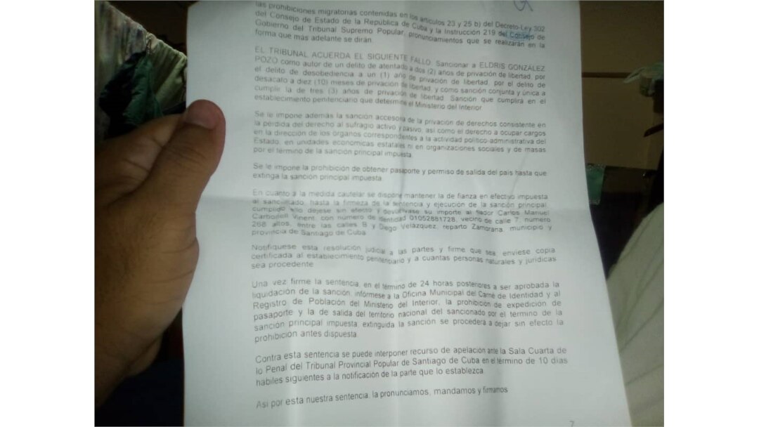 Fallo del tribunal en el caso del cuentapropista Eldris González Pozo