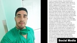 El mensaje retirado de Facebook por el estudiante de enfermería cubano Adriano Masjuán Abad.