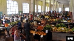 Workers in a market offer products in Havana (Cuba).