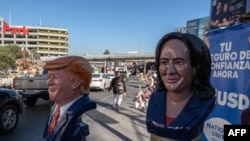 Figuras de plástico con las imágenes de Trump y Harris. (Guillermo Arias/AFP)