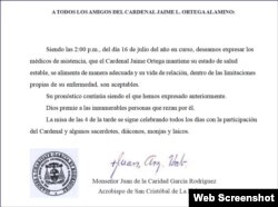 Carta del arzobispo de La Habana sobre estado de salud del cardenal Ortega.