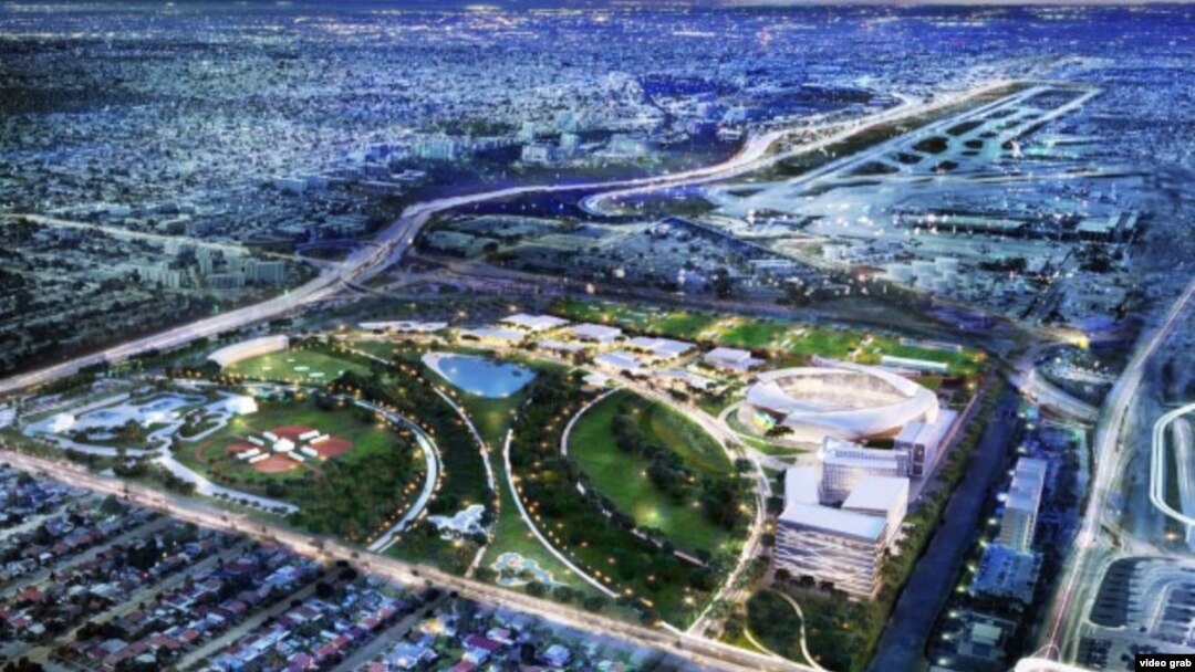 Vista aérea virtual de lo que será el complejo de fútbol Miami Freedom Park, promovido por el ex astro británico David Beckham y el empresario cubanoamericano Jorge Mas Santos. La iniciativa fue aprobada por,los electores de Miami. 