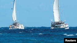 Los veleros Friendship y Tigger Moth partieron de Isla Mujeres, en el estado de Quintana Roo, México, el 21 de marzo de 2026. REUTERS/Paola Chiomante