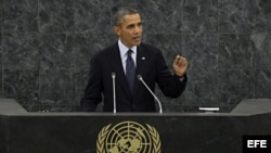 El presidente de Estados Unidos, Barack Obama, pronuncia un discurso durante su intervención en el debate general de la 68ª sesión de la Asamblea General de Naciones Unidas hoy, martes 24 de septiembre de 2013 en su sede en Nueva York (Estados Unidos).