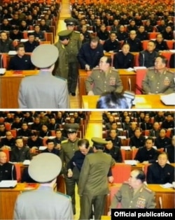 Jang Sung Taek es levantado de su silla en una reunión del partico gobernante norcoreano y arrestado por dos guardias.,