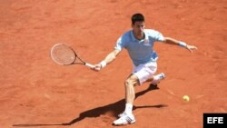 El tenista serbio Novak Djokovic golpea la bola contra el letón Ernests Gulbis.