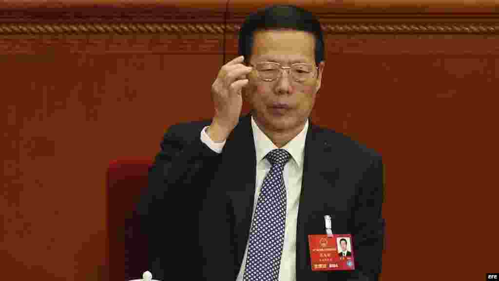 Fotografía de archivo tomada el 13 de marzo de 2016 que muestra a Zhang Gaoli, miembro del Comité Permanente, el órgano de más poder del Partido Comunista (PCCh), durante el duodecimo Comité Nacional de la Conferencia Consultiva Política del Pueblo chino 