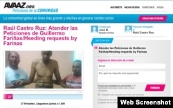 Petición a Raúl Castro, lanzada en la plataforma Avaaz.org.