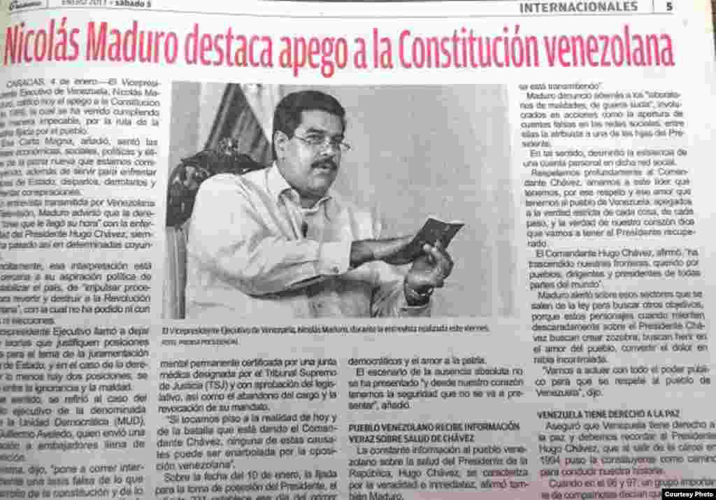 En entrevista reproducida por Granma el 5-1-2013 Nicolás Maduro afirma que la juramentación de Chávez es un formulismo que puede posponerse. (foto del autor)