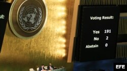 Vista del resultado de la votación hoy, martes 27 de octubre de 2015, durante la sesión de la Asamblea General acerca de la resolución sobre el embargo de Cuba, en la sede central de Naciones Unidas en Nueva York (EE.UU.).