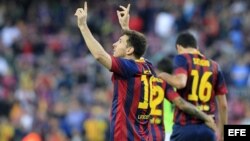 El delantero argentino del FC Barcelona Lionel Messi celebra uno de los goles.