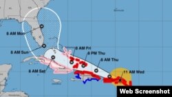 Posiciones del huracán Irma pronosticadas por el NHC a las 11 am EST del miércoles 06/09/17. Mapa http://www.nhc.noaa.gov