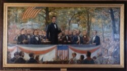 Pintura de uno de los debates de Abraham Lincoln con Stephen Douglas, 18 de septiembre de 1858.